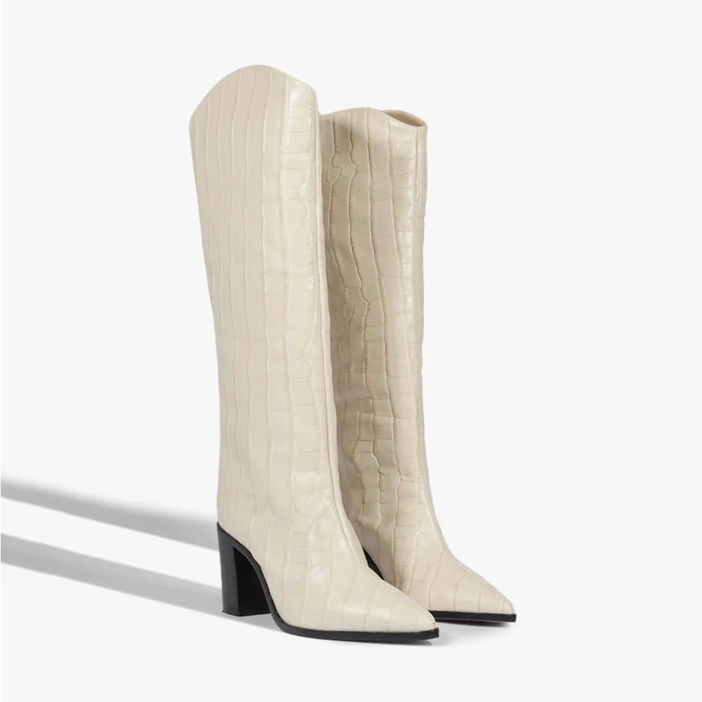 Schutz Maryana Block Crocodile-Embossed Leather Boots in Eggshell